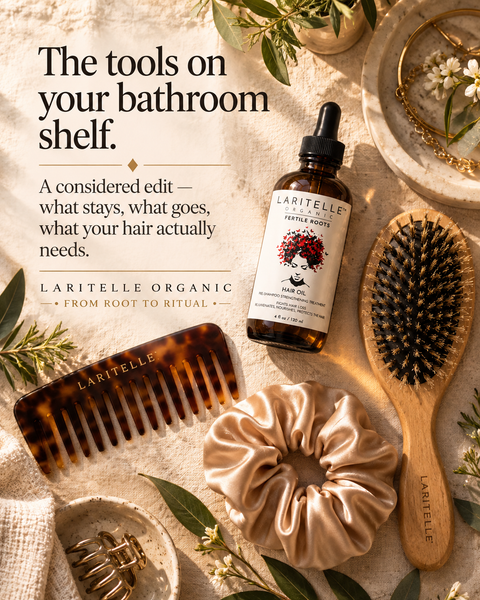 The tools on your bathroom shelf — a considered edit of what stays, what goes, and what your hair actually needs you to own.