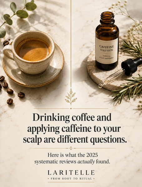 Caffeine and hair loss: the honest split — what topical caffeine does, what drinking it does, and why they are completely different questions.