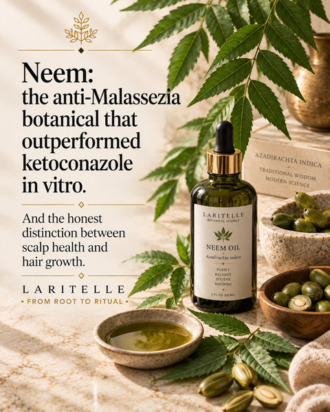 Ingredient spotlight: neem — the anti-Malassezia mechanism, what a 2024 Scientific Reports study found against ketoconazole, and the honest distinction between scalp health and hair growth.