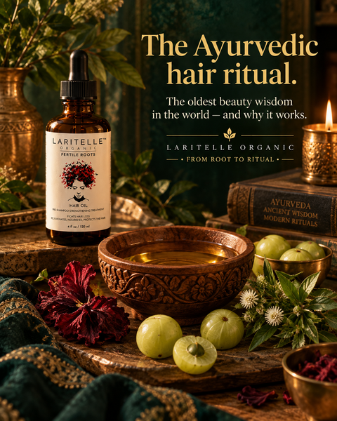 The Ayurvedic hair ritual — where the botanicals come from, what the tradition understood, and why oiling the scalp before washing is the oldest beauty wisdom in the world.