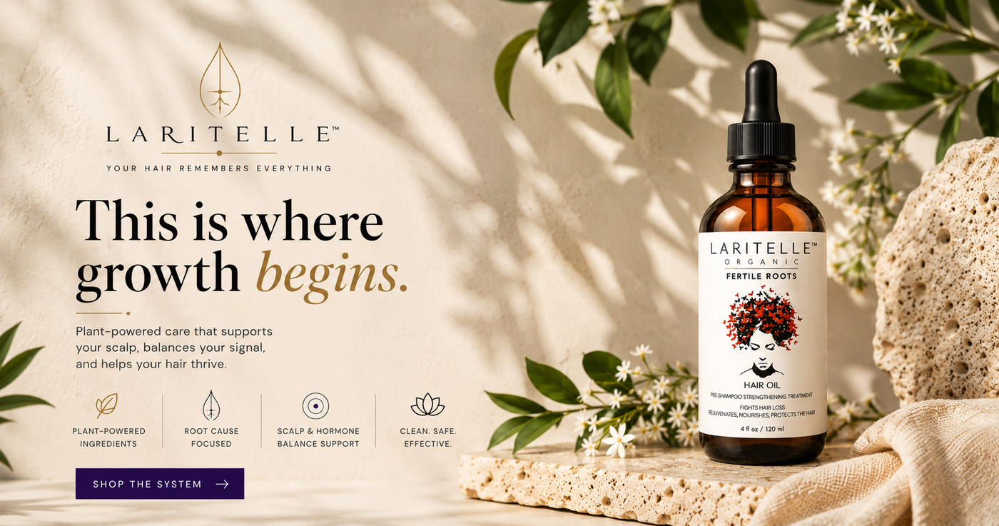 Laritelle Fertile Roots hair oil bottle with botanicals