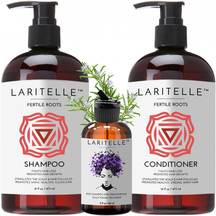 Laritelle Organic Hair Care Set Fertile Roots: Shampoo 17.5 oz + Conditioner 16 oz + Bonus Post-Shampoo Scalp Treatment