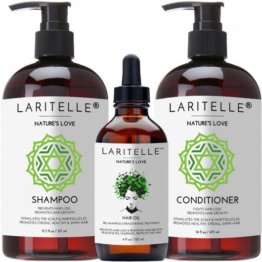 Laritelle Organic Hair Care Set Nature's Love: Shampoo 17.5 oz + Conditioner 16 oz + Hair Loss Treatment 4 oz
