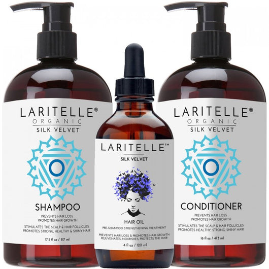 Laritelle Organic Hair Care Set Silk Velvet: Shampoo 17.5 oz + Conditioner 16 oz + Hair Loss Treatment 4 oz